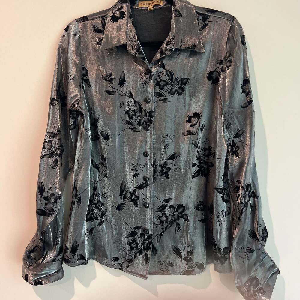 Notations Gray Metallic Velvet Burnout Floral Button Down Long Sleeve Medium‎